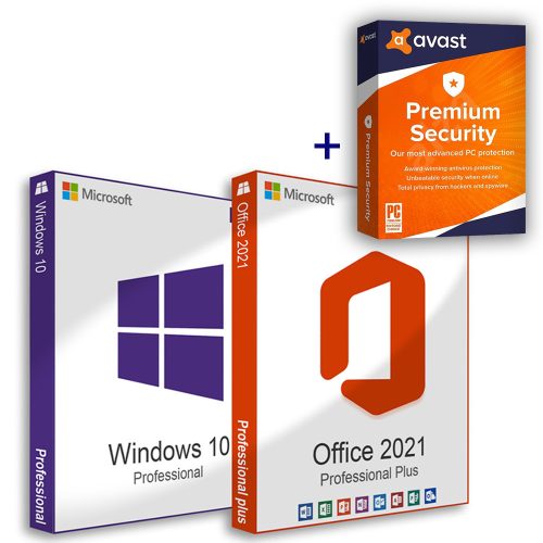 Microsoft Windows 10 Pro (OEM) + Office 2021 Professional Plus (Activare on-line) + Avast Premium Security (1 dospozitiv / 1 an)