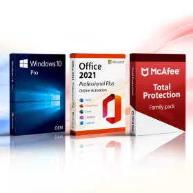 Microsoft Windows 10 Pro (OEM) + Office 2021 Professional Plus (Online aktiválás) + McAfee Total Protection (5 eszköz   1 év) Family Pack