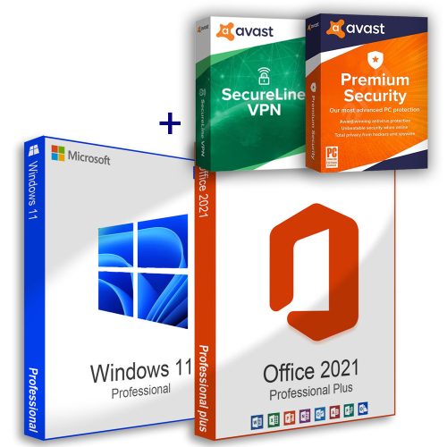 Microsoft Windows 11 Pro (OEM) + Office 2021 Professional Plus (Activare on-line) + Avast SecureLine VPN (1 dospozitiv / 1 an)+Avast Premium Security (1 dospozitiv / 1 an) Home Office Pack