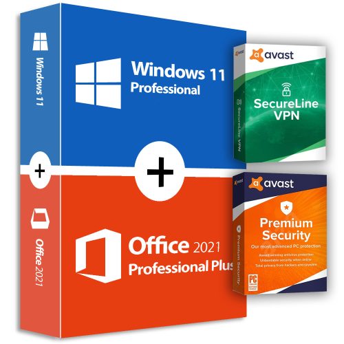 Microsoft Windows 11 Pro (OEM) + Office 2021 Professional Plus (Online aktiválás) + Avast SecureLine VPN (1 eszköz / 1 év)+Avast Premium Security (1 eszköz / 1 év) Home Office Pack