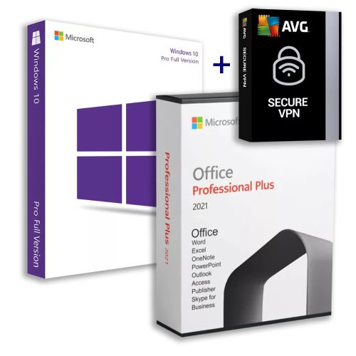 Microsoft Windows 10 Pro (OEM) + Office 2021 Professional Plus (Online aktiválás) + AVG Secure VPN (5 eszköz / 1 év) Small Business Pack